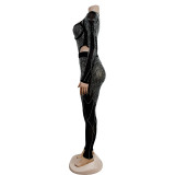 Sexy Mesh Long Sleeve Hot Drill Bodysuit And Pants 2 Piece Set BY-6389
