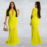 Solid Pleated Deep V Neck Maxi Dress BY-6363