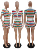 Knits Contrast Color Short Sleeve Two Piece Shorts Set GDYF-6901
