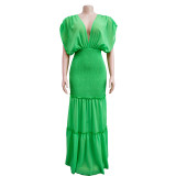 Solid Pleated Deep V Neck Maxi Dress BY-6363