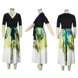 Printed Slim Elegant V-neck Splicing Maxi Dress XHSY-19586