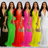Solid Pleated Deep V Neck Maxi Dress BY-6363