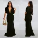 Solid Pleated Deep V Neck Maxi Dress BY-6363