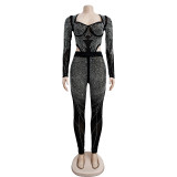 Sexy Mesh Long Sleeve Hot Drill Bodysuit And Pants 2 Piece Set BY-6389