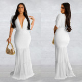 Solid Pleated Deep V Neck Maxi Dress BY-6363
