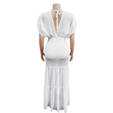 Solid Pleated Deep V Neck Maxi Dress BY-6363
