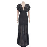 Solid Pleated Deep V Neck Maxi Dress BY-6363