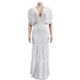 Solid Pleated Deep V Neck Maxi Dress BY-6363