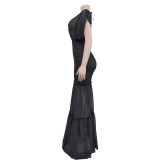 Solid Pleated Deep V Neck Maxi Dress BY-6363
