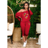 Plus Size Fashion Print Slash Shoulder Two Piece Pants Set HGL-2043
