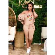 Plus Size Fashion Print Slash Shoulder Two Piece Pants Set HGL-2043