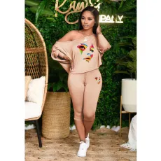 Plus Size Fashion Print Slash Shoulder Two Piece Pants Set HGL-2043