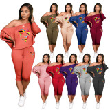 Plus Size Fashion Print Slash Shoulder Two Piece Pants Set HGL-2043