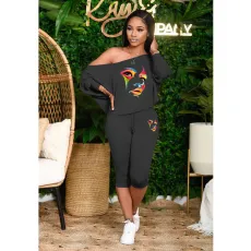 Plus Size Fashion Print Slash Shoulder Two Piece Pants Set HGL-2043