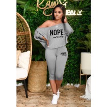 Plus Size Letter Print Slash Shoulder Two Piece Set HGL-2041