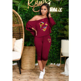 Plus Size Fashion Print Slash Shoulder Two Piece Pants Set HGL-2043