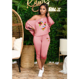 Plus Size Fashion Print Slash Shoulder Two Piece Pants Set HGL-2043