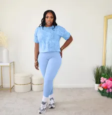 Casual Print Short Sleeve Sports Two Piece Pants Set WAF-77593