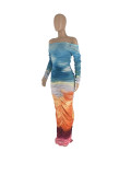 Long Sleeve Print Off Shoulder Mesh Pleated Maxi Dress ZDF-31283