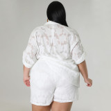 Plus Size Solid 3/4 Sleeve Chiffon Top Two Piece Shorts Set NNWF-7883
