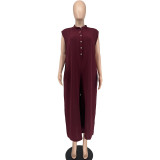 Plus Size Solid Sleeveless Button Loose Jumpsuit WAF-77595