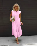 Plus Size Solid Sleeveless Button Loose Jumpsuit WAF-77595