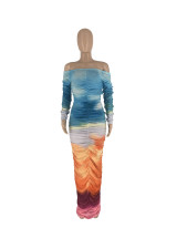 Long Sleeve Print Off Shoulder Mesh Pleated Maxi Dress ZDF-31283