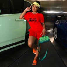 Plus Size Letter Print Loose Short Sleeve Two Piece Shorts Set MEI-9315