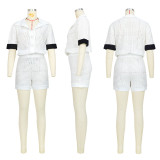 Solid Hollow Out Short Sleeve Shorts 2 Piece Set ASL-6676
