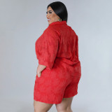 Plus Size Solid 3/4 Sleeve Chiffon Top Two Piece Shorts Set NNWF-7883