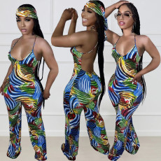 Geometric Print Sling Backless jumpsuit(With Headscarf) OD-8575