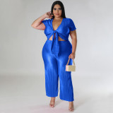 Plus Size Solid Color Tie Up And Wide Leg Pants Two Piece Set NNWF-7888
