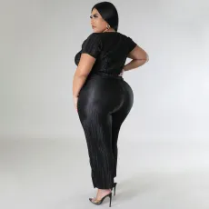 Plus Size Solid Color Tie Up And Wide Leg Pants Two Piece Set NNWF-7888