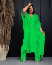 Solid Color Knits Hollow Tassel Two Piece Pants Set TR-1266