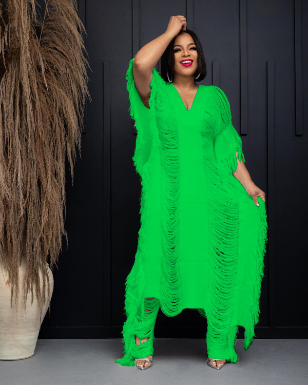 Solid Color Knits Hollow Tassel Two Piece Pants Set TR-1266