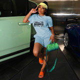 Plus Size Letter Print Loose Short Sleeve Two Piece Shorts Set MEI-9315