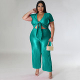 Plus Size Solid Color Tie Up And Wide Leg Pants Two Piece Set NNWF-7888