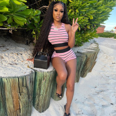 Summer Stripe Sleeveless Two Piece Shorts Set GLF-10128