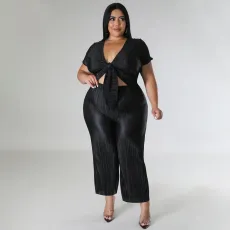 Plus Size Solid Color Tie Up And Wide Leg Pants Two Piece Set NNWF-7888