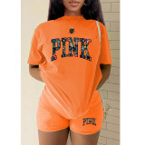 Plus Size PINK Letter Print T-shirt And Shorts Two Piece Set GMZD-M3111P41