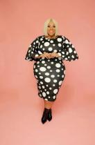 Plus Size Polka Dot Print Flare Sleeve Midi Dress GDNY-2228