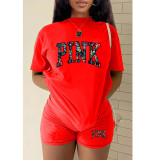 Plus Size PINK Letter Print T-shirt And Shorts Two Piece Set GMZD-M3111P41