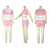 Contrast Color U Neck Yoga Fitness 2 Piece Shorts Set XHSY-19581