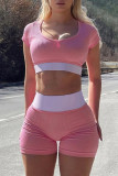 Contrast Color U Neck Yoga Fitness 2 Piece Shorts Set XHSY-19581