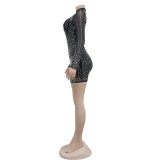 Fashion Hot Drill Mesh Long Sleeve Mini Dress BY-6381