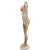 Solid Color Sling Mesh Hot Drill Mini Dress BY-6382