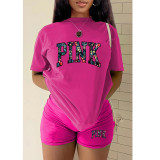 Plus Size PINK Letter Print T-shirt And Shorts Two Piece Set GMZD-M3111P41