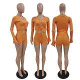 Single-breasted Striped Knit Two Piece Shorts Set GDYF-6904