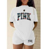 Plus Size PINK Letter Print T-shirt And Shorts Two Piece Set GMZD-M3111P41