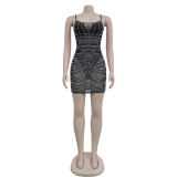 Solid Color Sling Mesh Hot Drill Mini Dress BY-6382